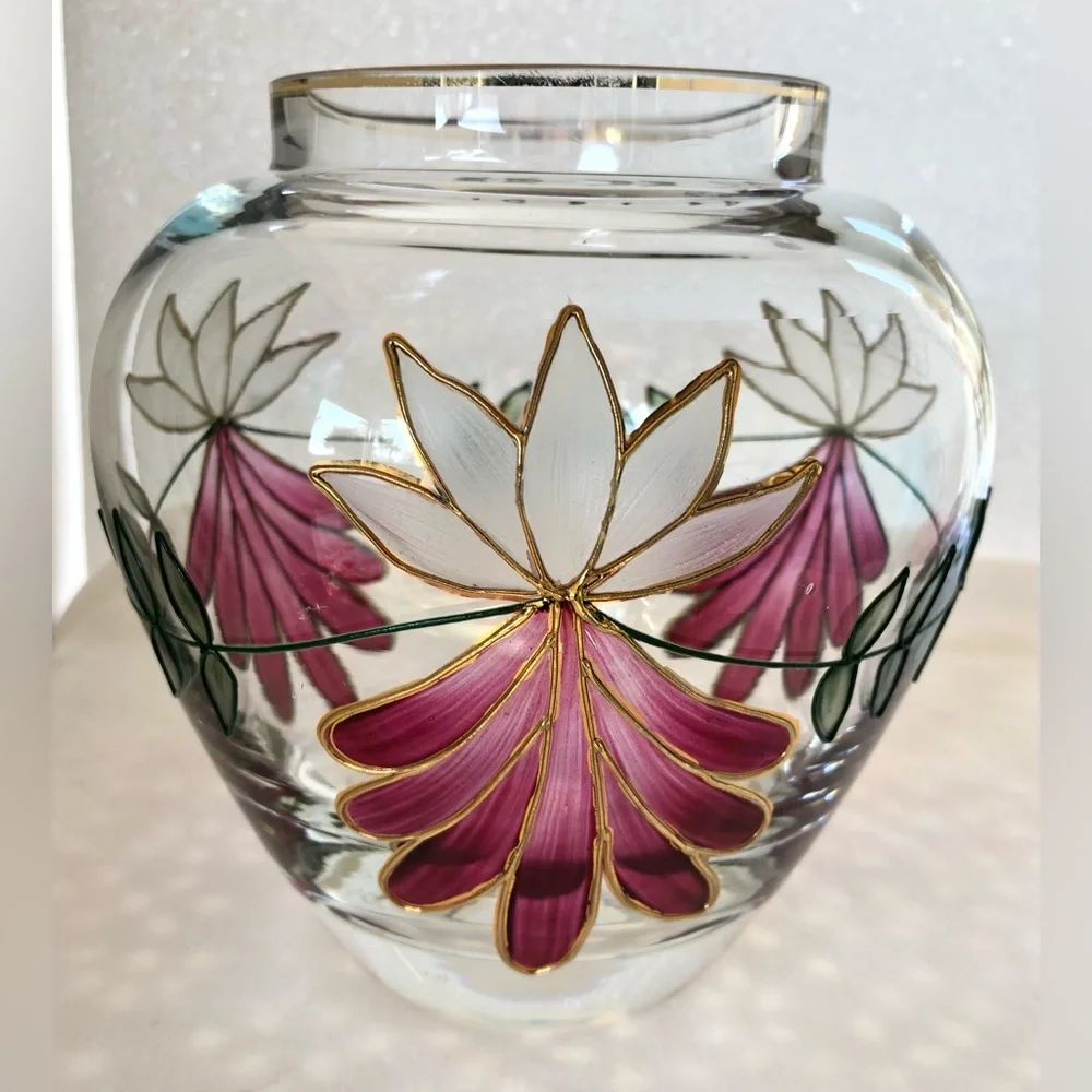 Beautiful Handcrafted Romania Crystal Vase Floral Pattern w/Raised Gilding
